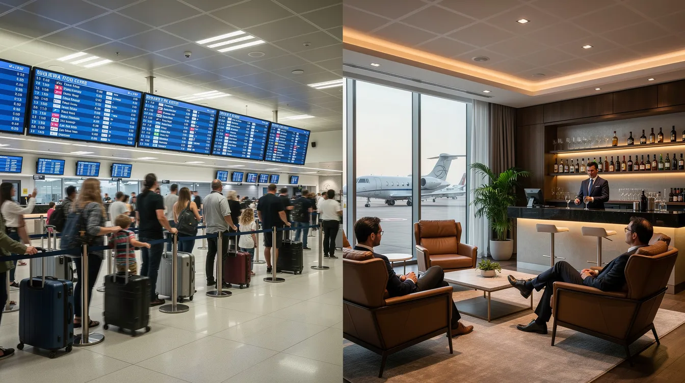 The image depicts a busy commercial airport terminal filled with long queues of travelers, contrasting sharply with a serene and empty private aviation lounge designed for private jet travel. This lounge offers a luxurious atmosphere and personalized service, highlighting the benefits of private jet charter and the comfort of private flights.