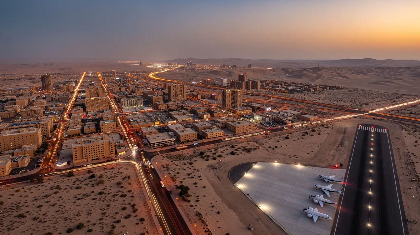 An aerial view captures a desert city at dusk, with city lights starting to illuminate the landscape and a private airstrip nearby featuring several private jets. This scene highlights the allure of private aviation, showcasing luxury travel options such as private jet charters and personalized service for leisure travelers.