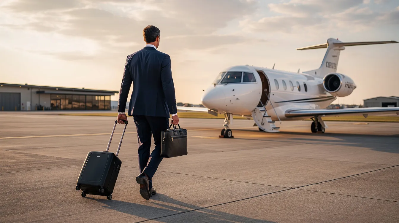 A business traveler is seen walking confidently toward a private jet parked on a small airfield, highlighting the allure of private aviation and the convenience of aircraft ownership. The scene encapsulates the essence of luxury travel, as the traveler prepares for a journey that promises efficiency and comfort in the skies.