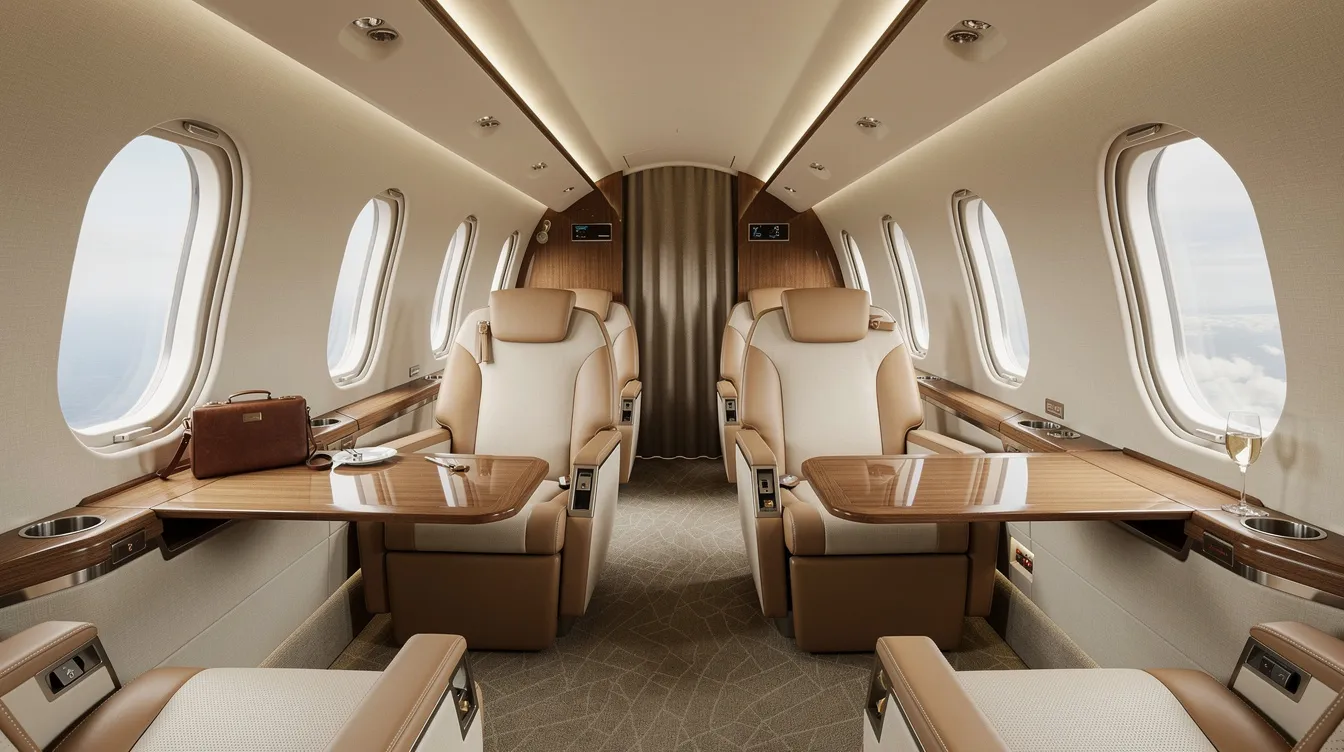 The image depicts the interior of a modern private jet cabin featuring luxurious leather seats and ample natural light, showcasing the elegance and comfort associated with private jet ownership. This spacious environment is ideal for fractional jet ownership, providing a sophisticated setting for private flights.