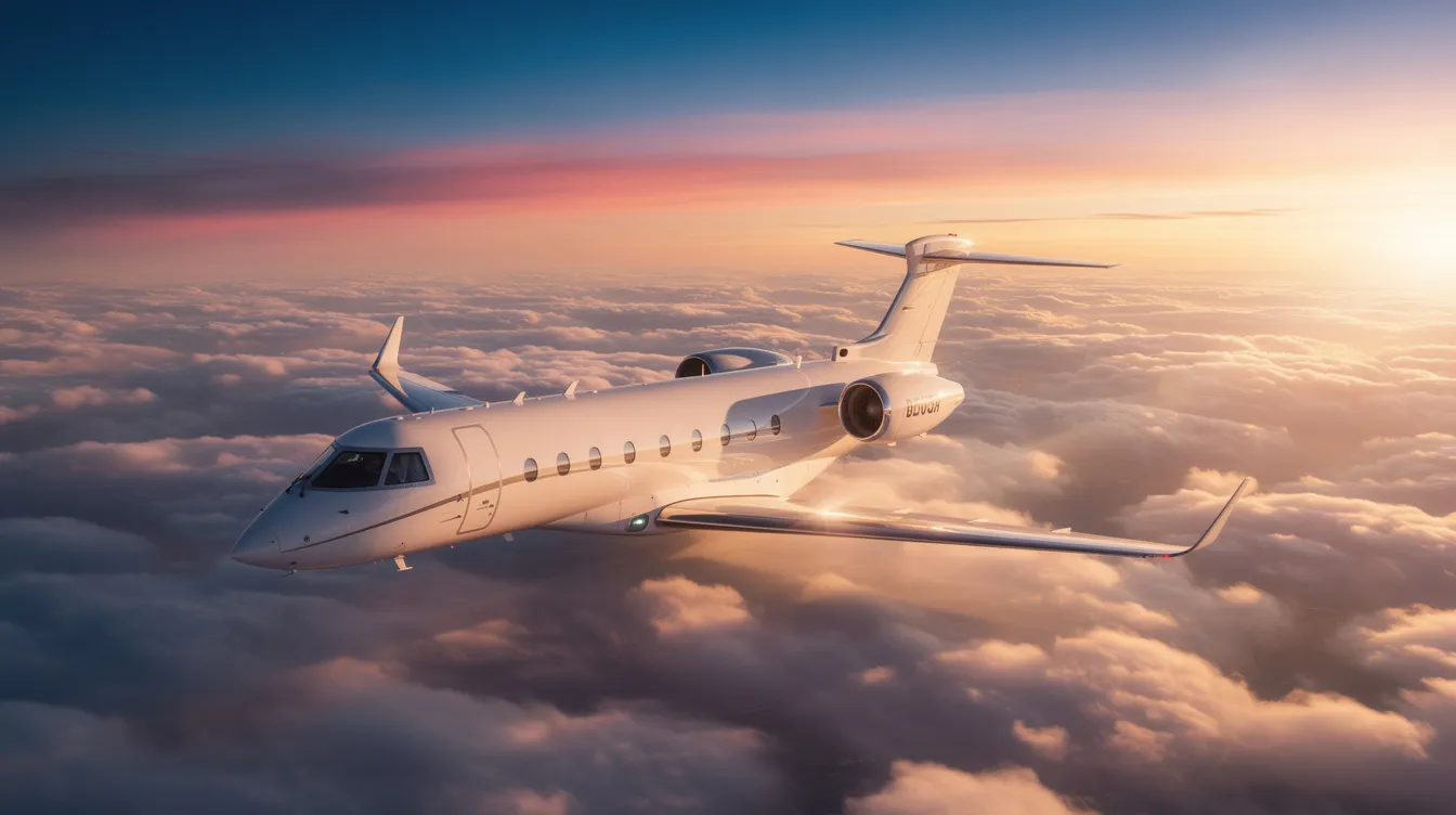 A private jet soars above a blanket of clouds during a vibrant sunset, showcasing the elegance of private aviation. This image captures the essence of aircraft ownership, highlighting the allure of flying in a luxurious aircraft amidst a stunning sky.