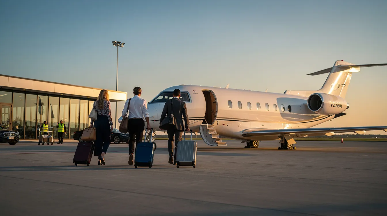 Passengers are walking toward a small private jet at a quiet private aviation terminal, highlighting the convenience and exclusivity of private air travel. The scene captures the ease of boarding a private flight, with fewer seats and more privacy compared to commercial flights.
