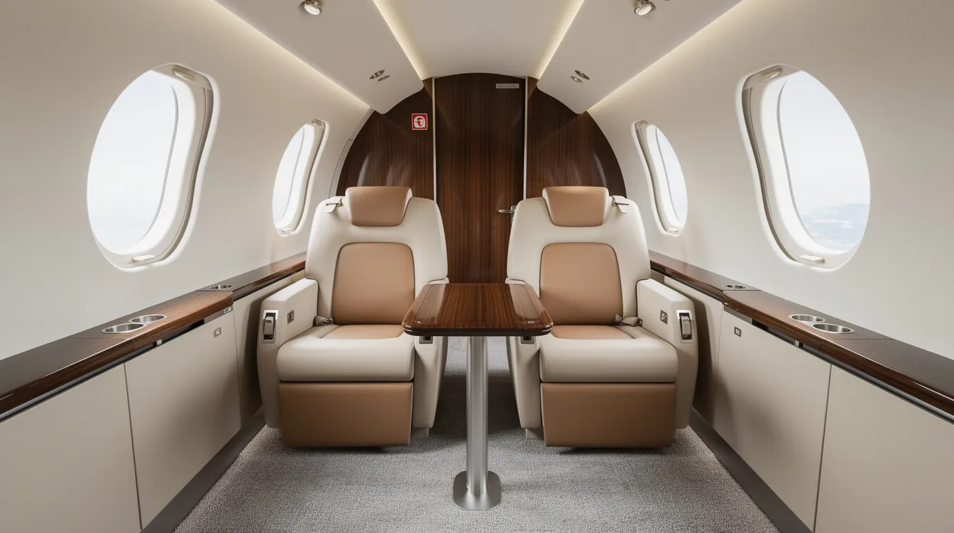 The image depicts the interior of a light private jet featuring plush leather seats arranged in a club configuration, perfect for private air travel. The spacious and elegant design emphasizes comfort and privacy for passengers, making it an ideal setting for a luxurious flight experience.