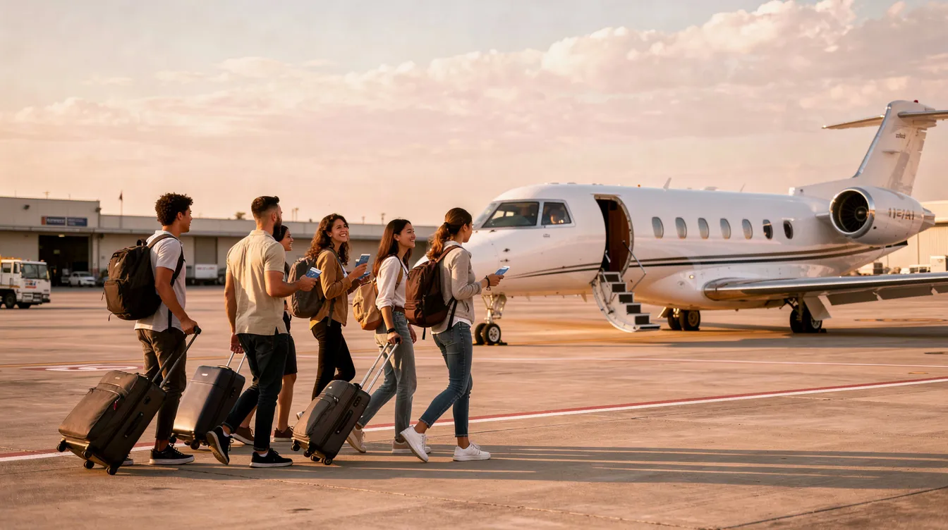 A group of travelers is walking across a small airport tarmac toward a waiting private jet, ready to embark on their journey. This scene highlights the convenience and luxury of private aviation, showcasing the ease of access to private flights for an exclusive flying experience.