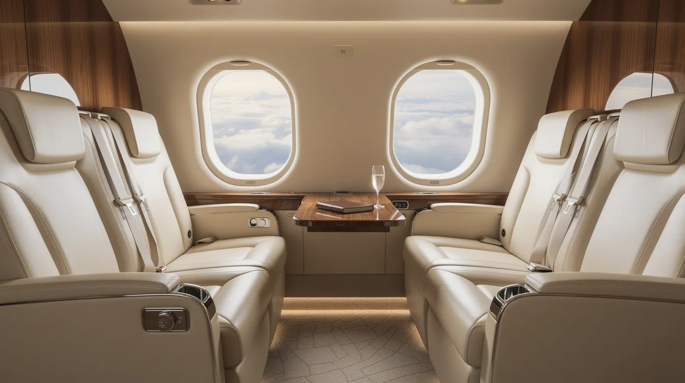 The image depicts the interior of a mid-size private jet cabin, featuring luxurious leather seats and elegant wood paneling, offering a comfortable and stylish flying experience for passengers. This private aircraft exemplifies the convenience and sophistication of private jet charter services.