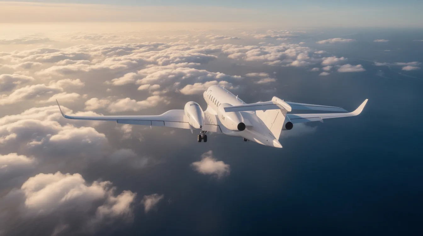 An aerial view captures a sleek private jet soaring above fluffy clouds, with the vast ocean shimmering below. This image embodies the luxury and exclusivity of private jet travel, highlighting the freedom and comfort of private aviation for discerning travelers.