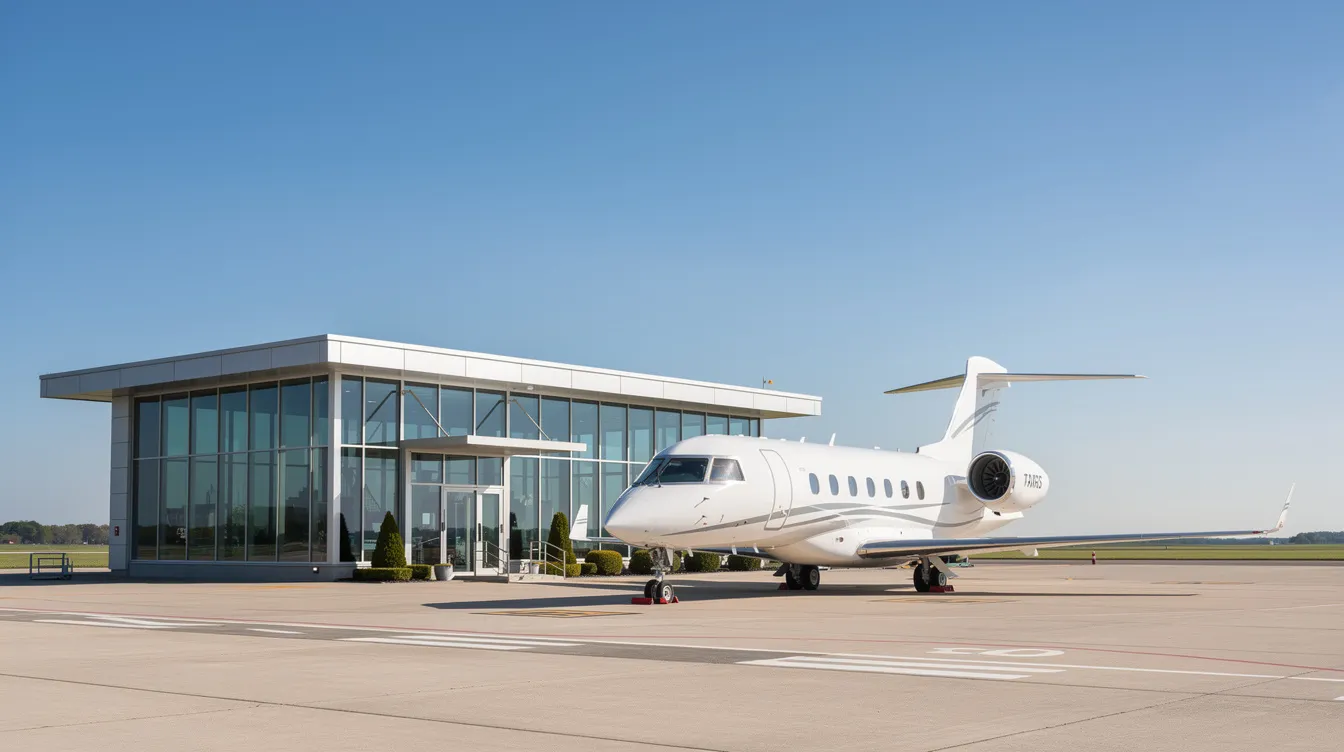 The image depicts a small private terminal building with a business jet parked outside on a clear day, highlighting the luxury and convenience of private jet travel. This scene represents an ideal setting for private jet travelers seeking personalized service and access to exclusive destinations.