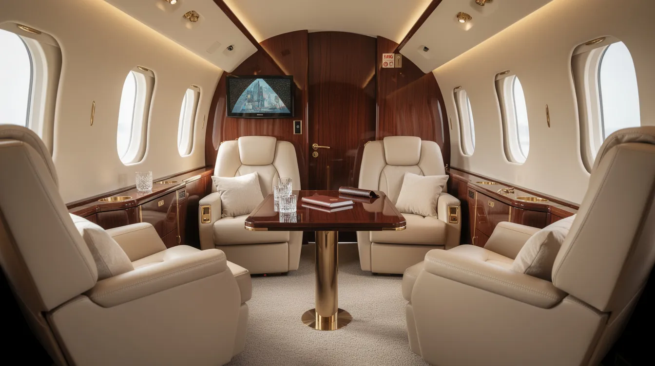 The image depicts the luxurious interior of a private jet cabin featuring cream leather seats and polished wood accents, designed for ultimate comfort during private flights. This elegant setting exemplifies the high standards of private jet charter services, catering to the needs of discerning travelers.