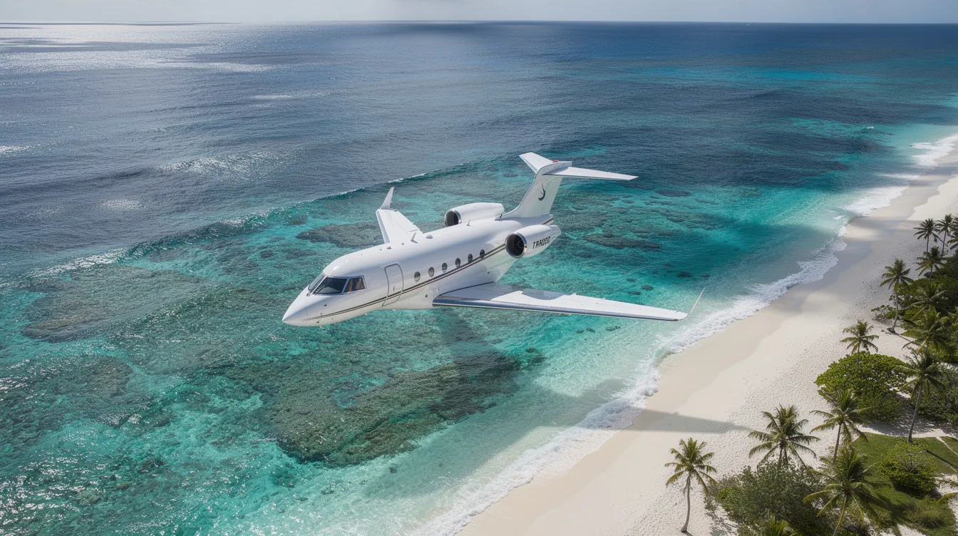 A bird's-eye view captures a private jet soaring above stunning turquoise coastal waters, with pristine white sand beaches below, highlighting the allure of private aviation and the luxurious private jet travel experience. The scene showcases the expansive cabin space and the freedom that comes with flying private.