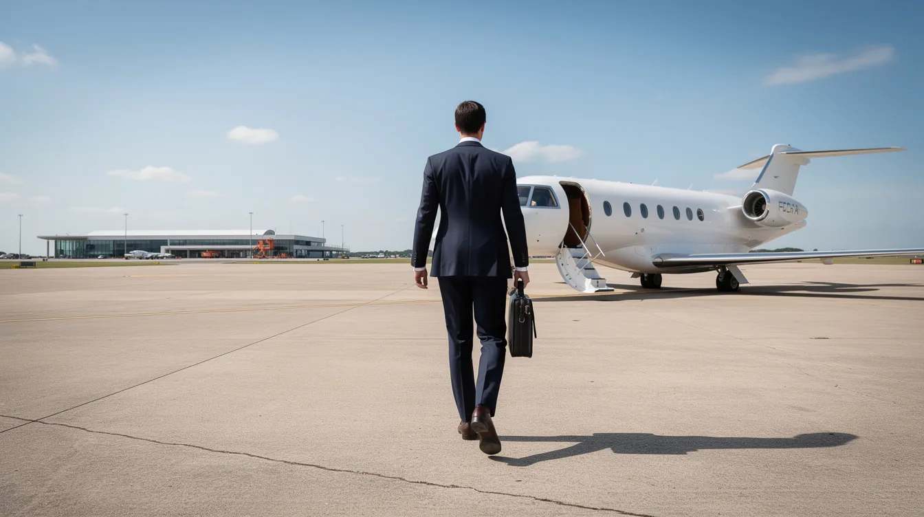 A business professional in formal attire is walking towards a small private jet at a quiet airport on a clear day, highlighting the appeal of private aviation for efficient travel. The scene captures the essence of luxury and convenience associated with private jet travel, particularly for business jets and private jet charters.