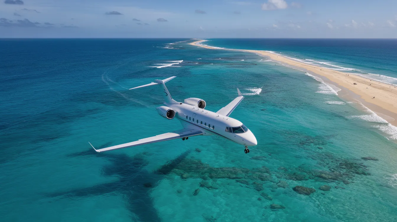 An aerial view captures a sleek private jet soaring over a stunning turquoise ocean coastline, showcasing the beauty of private aviation and the luxury of private jet travel. The scene highlights the jet's streamlined design against the vibrant blue waters, emphasizing the allure of flying in a private jet charter.