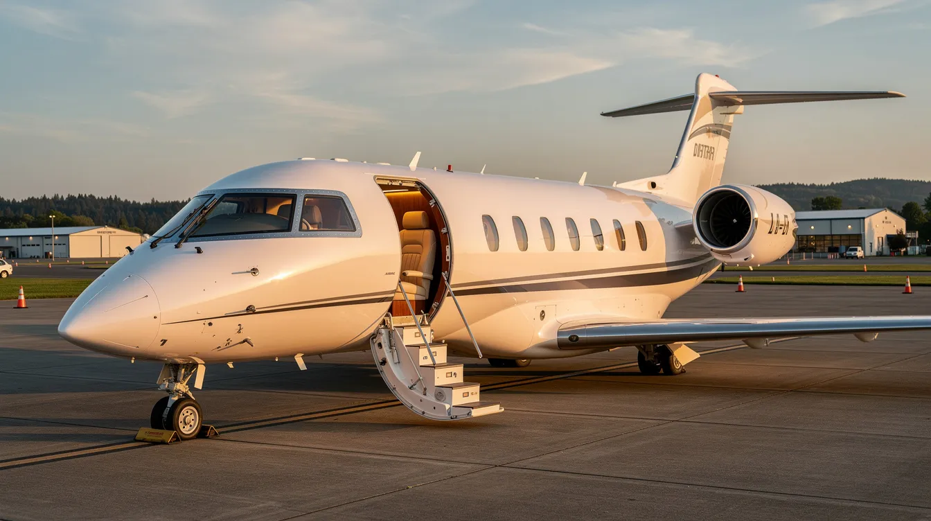 A midsize business jet is parked on a private ramp at a regional airport, with its cabin door open, inviting passengers to board. This image showcases the convenience of private aviation, highlighting the accessibility and comfort that private jet travel offers.