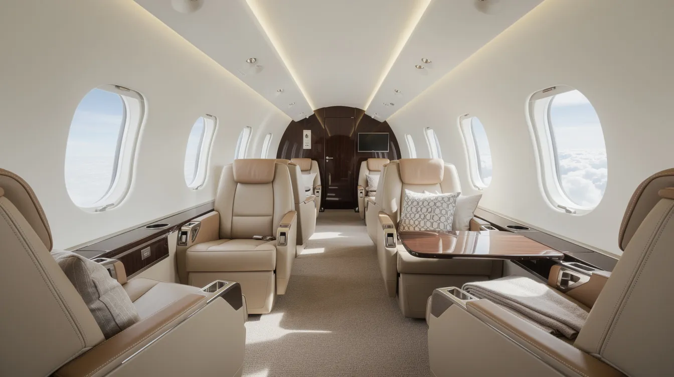 The image depicts the interior of a spacious private jet cabin, featuring luxurious leather seats and large windows that allow ample natural light. This elegant setting is characteristic of private aviation, offering comfort and style for travelers seeking a premium flying experience.