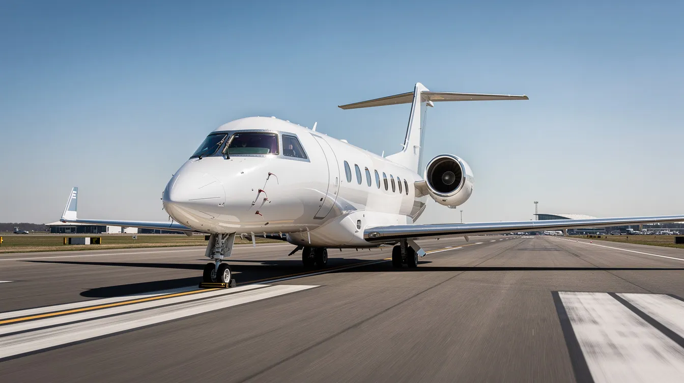A sleek midsize private jet is taxiing on a runway under a clear blue sky, showcasing the elegance of private jet travel. This scene highlights the convenience and luxury of private charter flights, ideal for connecting travelers to their desired destinations.
