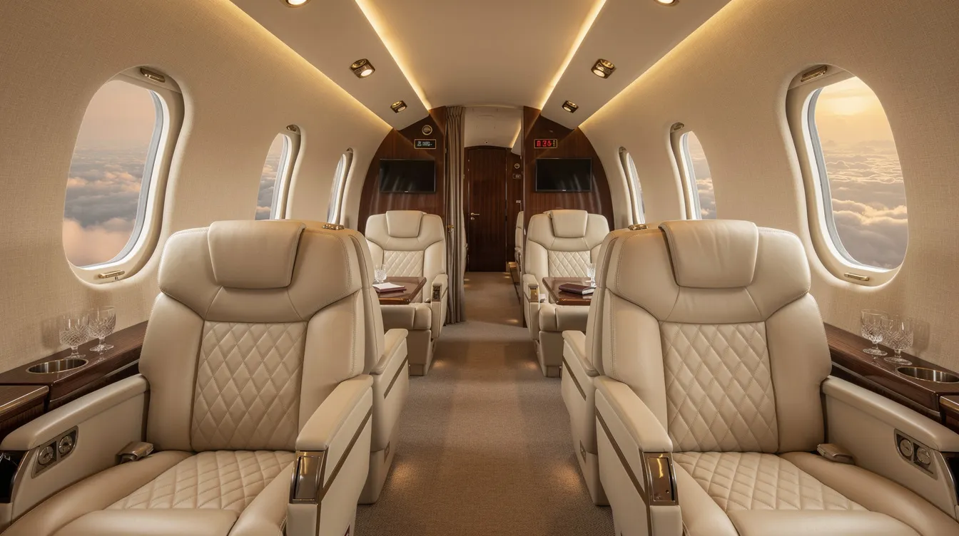 The image showcases the luxurious interior of a private jet, featuring cream leather seats surrounded by warm cabin lighting, creating an inviting atmosphere for travelers. This elegant setting highlights the comfort and sophistication associated with private jet travel and charter flights.