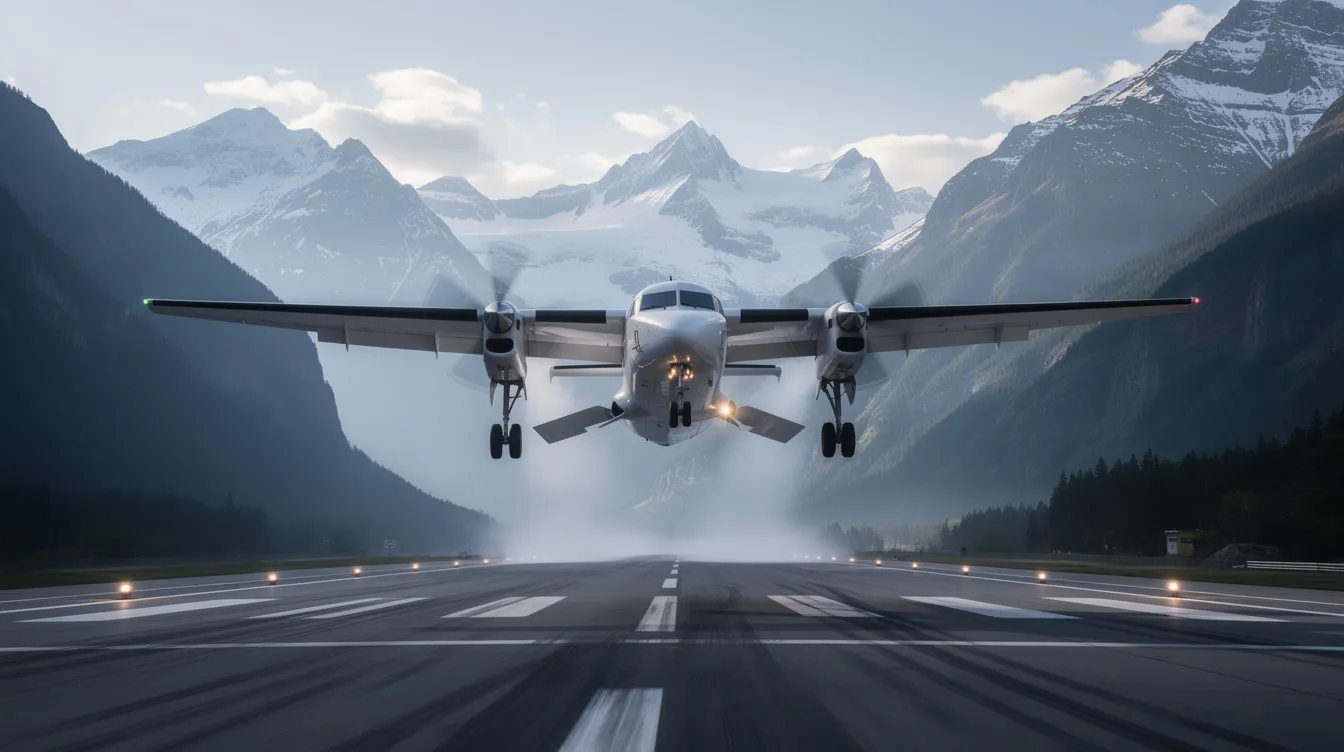 A turboprop aircraft is taking off from a short runway, flanked by majestic mountains, showcasing the efficiency and versatility of private aviation for small groups. This scene captures the essence of private charter flights, providing access to smaller airports for a seamless travel experience.