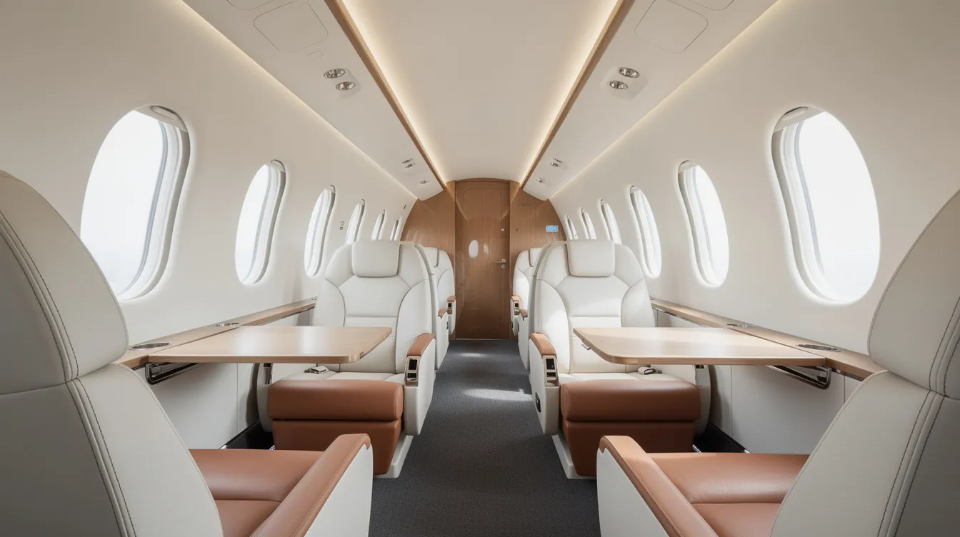 The image depicts the interior of a light jet featuring luxurious leather seats, ample natural light streaming in from the windows, and a sleek, modern cabin design. This private aviation space offers a comfortable and stylish environment for passengers on a private charter flight, emphasizing a personalized travel experience.