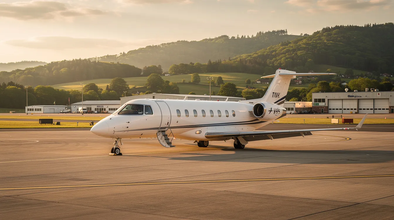 A small private jet is parked on the tarmac of a quiet regional airport, with lush green hills providing a serene backdrop. This scene reflects the charm of private aviation, offering travelers a personalized travel experience away from commercial airlines.