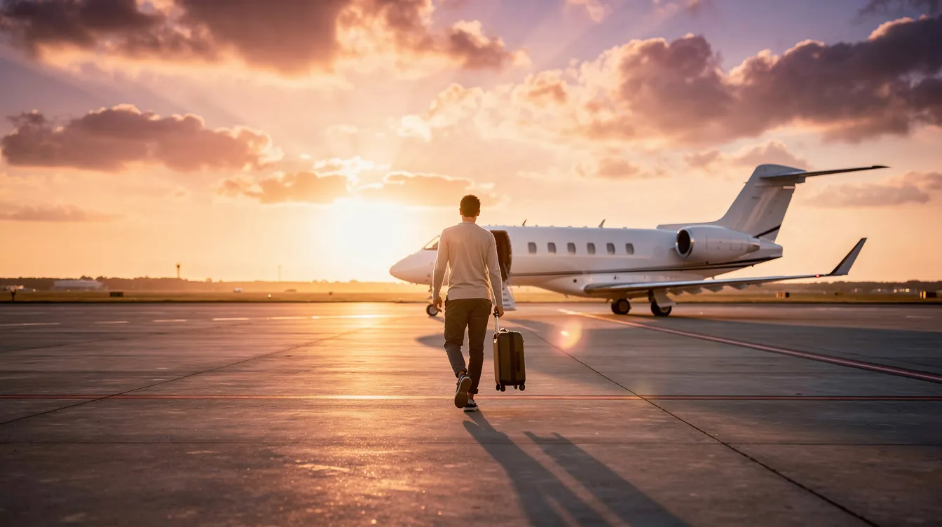A person walks across a tarmac towards a small white private jet at sunset, highlighting the allure of private aviation and the personalized travel experience it offers. The scene captures the tranquil ambiance of a private charter flight, with the jet ready for departure to a final destination.
