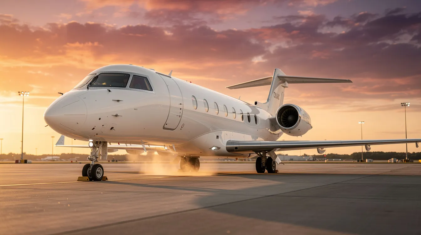 An exterior view of a super midsize business jet is shown parked on a tarmac at sunset, with the warm hues of the sky reflecting off its sleek fuselage. The aircraft, designed for efficiency and luxury, is an ideal choice for transcontinental flights, offering spacious seating for passengers and a high level of service.