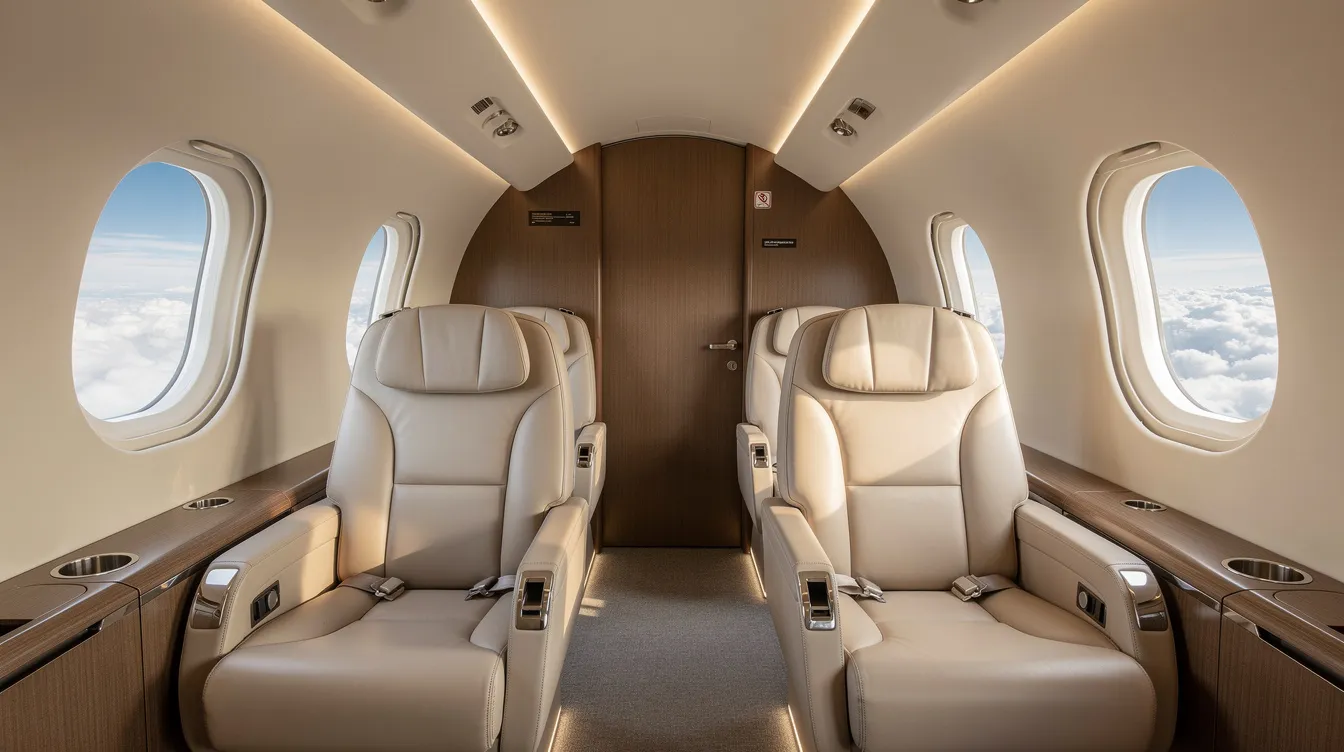 The image depicts the interior of a modern private jet cabin featuring cream leather seats and elegant wood paneling, with large oval windows revealing a view of fluffy clouds outside. This luxurious setting highlights the comfort and sophistication associated with private jet travel, perfect for business aviation or leisure trips to European countries.