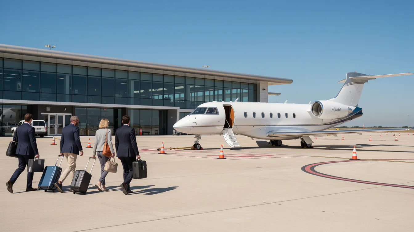 A private jet terminal building is bustling with a small group of travelers walking towards a midsize jet on a sunny day, highlighting the convenience of private jet travel. The scene captures the essence of private jet charter services, offering a smooth alternative to commercial flights for those seeking efficiency and comfort.