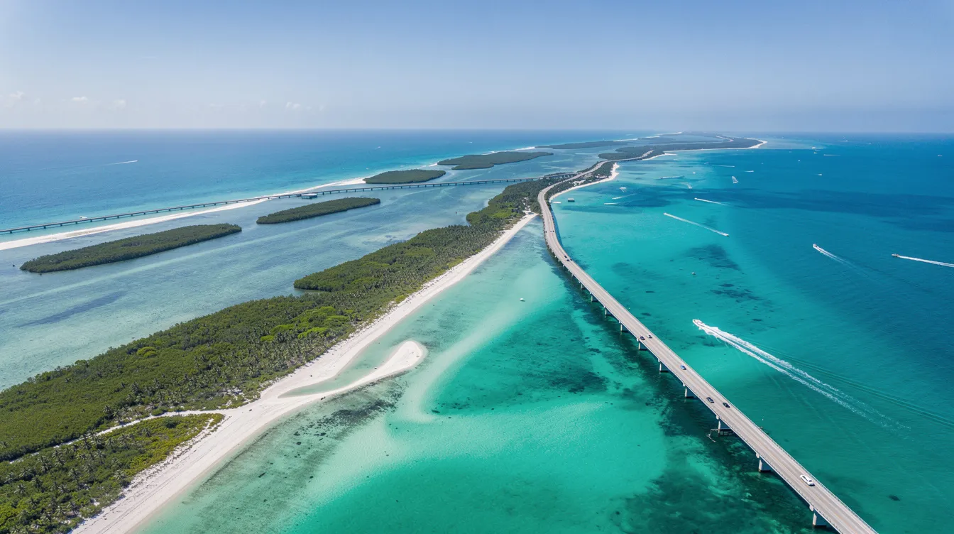 An aerial view showcases a stunning tropical coastline with vibrant turquoise waters and small islands, reminiscent of the picturesque Florida Keys. This serene landscape is ideal for those considering private jet travel to explore beautiful destinations in luxury and comfort.