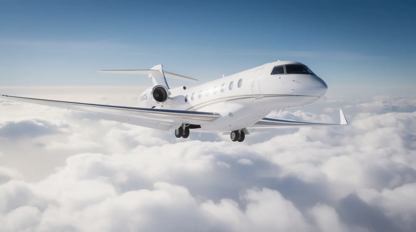 A sleek white private jet soars above fluffy clouds against a vibrant blue sky, showcasing the luxury and efficiency of private jet travel. This image captures the essence of private aviation, perfect for business travelers seeking personalized service and greater flexibility in their journeys.