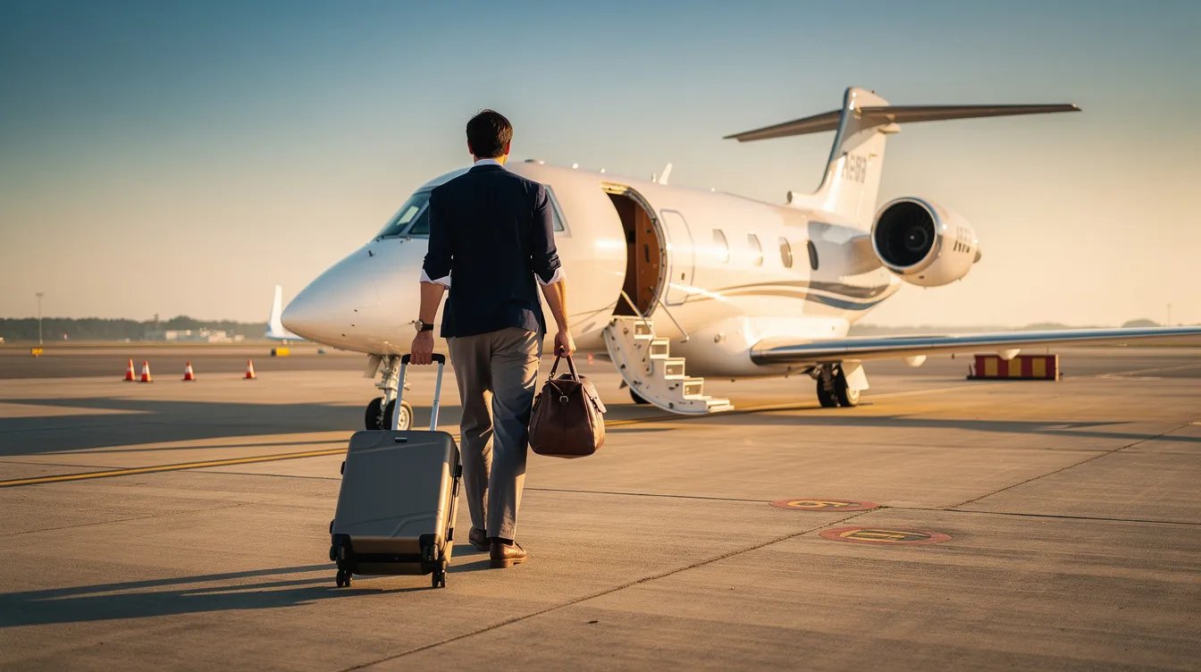 A person is walking towards a small private jet on an airfield, pulling their luggage behind them, ready for their private flight. The scene captures the essence of luxury travel and convenience associated with private jet charter services.