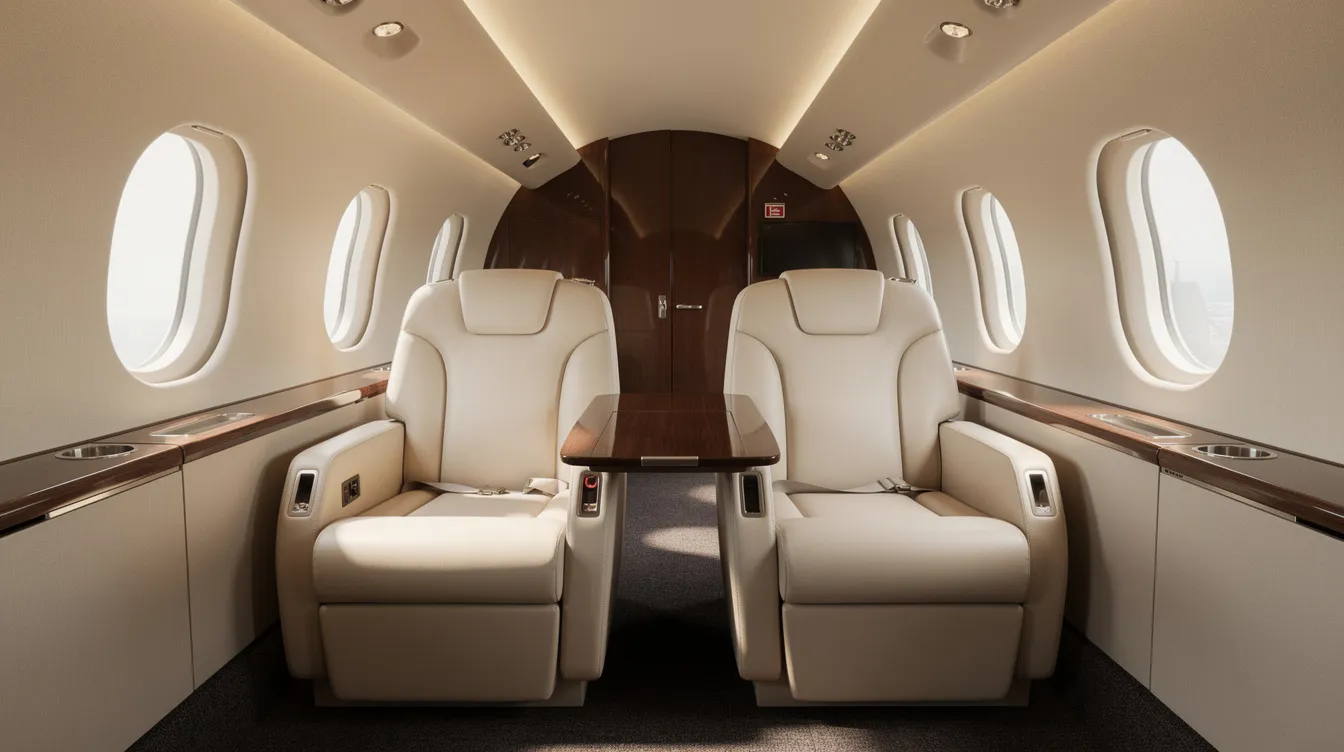 The image shows the luxurious interior of a midsize private jet cabin, featuring plush leather seats arranged around a small table, ideal for business travelers seeking comfort during their private jet travel. The elegant design highlights the personalized service and safety that come with private jet charter options.