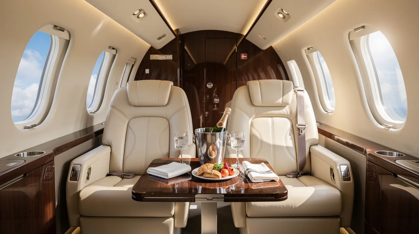 The interior of a private jet cabin features luxurious cream leather seats arranged around a small table with refreshments, while large oval windows provide a view of the blue sky and fluffy clouds outside, enhancing the private jet travel experience.