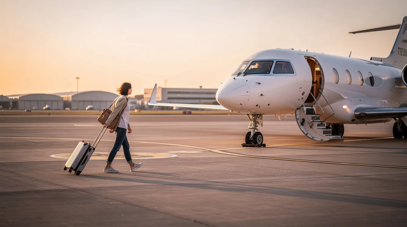 A traveler with a small carry-on bag is walking across a private airport tarmac toward a waiting white private jet, which has its stairs extended, ready for boarding. This scene captures the essence of private jet travel, highlighting the convenience and exclusivity of private jet charter flights.