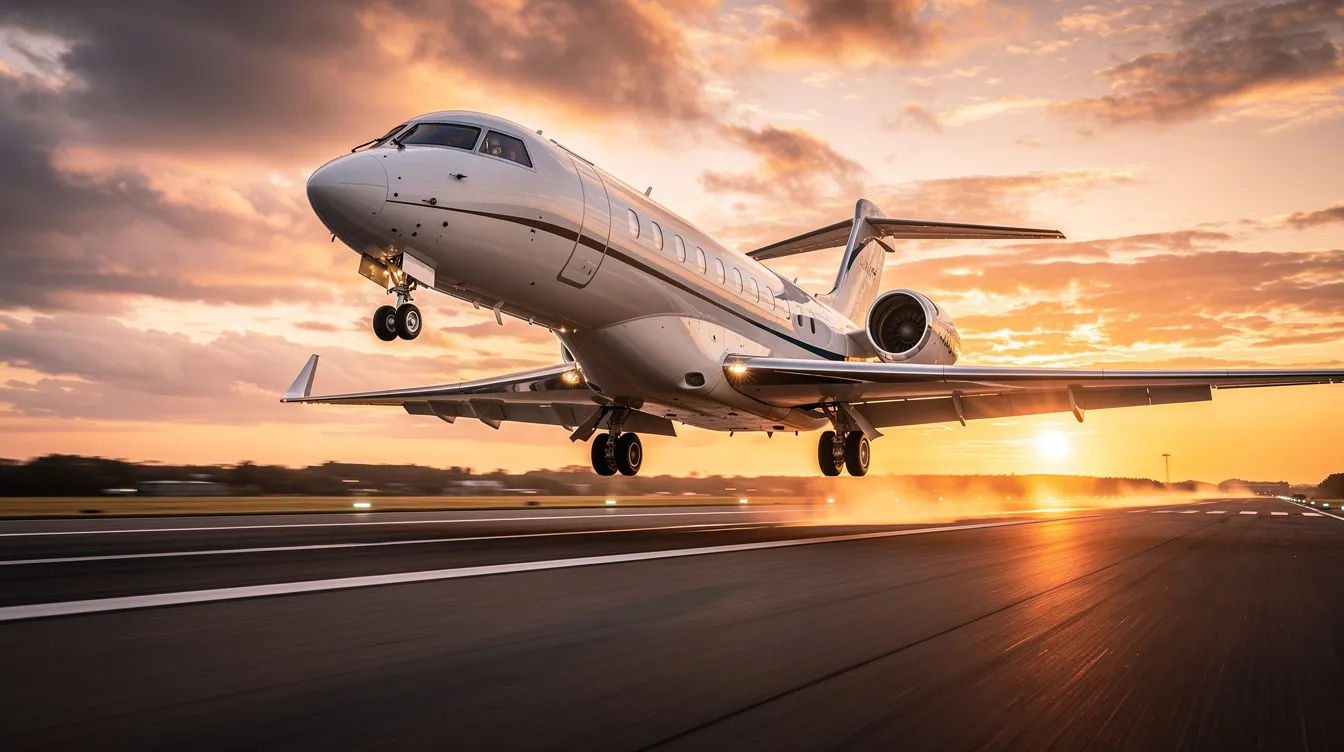 A private jet is taking off from a runway at sunset, bathed in golden light that reflects off its sleek fuselage. This scene captures the elegance of private aviation, showcasing the luxury of private jet travel as it ascends into the evening sky.