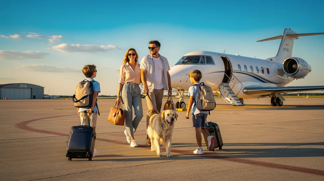 A family of four, accompanied by their golden retriever, is walking towards a private jet on a sunny tarmac, carrying casual travel bags. This scene captures the excitement of private jet travel, highlighting a moment of leisure before their charter flight.