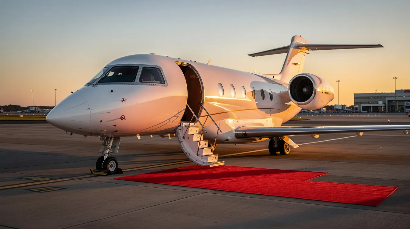 A sleek private jet is parked on a tarmac during golden hour, showcasing its open cabin door and a luxurious red carpet leading up to it. This image captures the essence of private aviation, highlighting the elegance and exclusivity of private jet travel.
