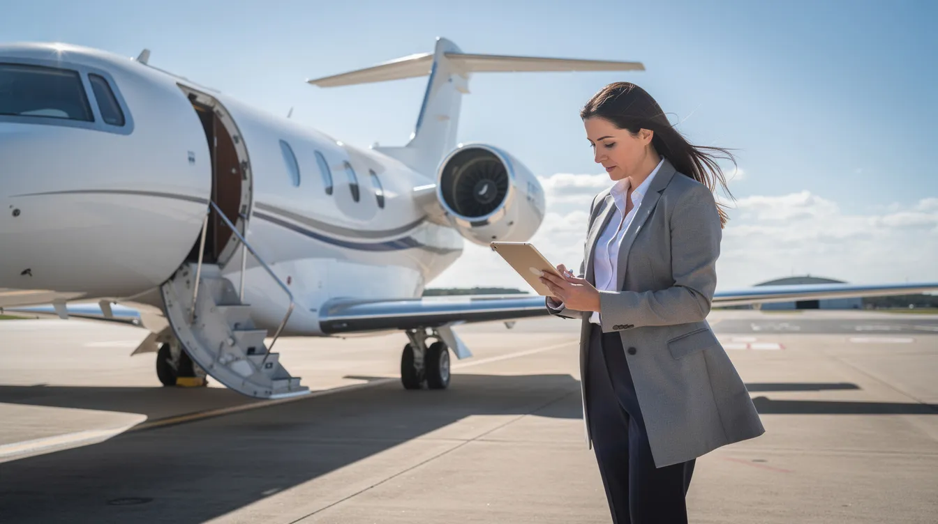 A person stands on a sunny tarmac, reviewing documents on a tablet beside a sleek private jet, highlighting the convenience and luxury of private aviation. This scene reflects the world of private jet charter, where individuals consider costs and options for flying private.