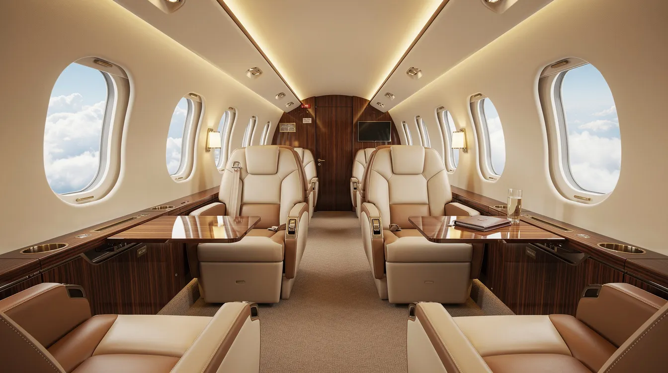 The image depicts the luxurious interior of a private jet cabin, featuring plush leather seats, warm ambient lighting, and large oval windows revealing a view of fluffy clouds outside. This inviting space is designed for comfort and elegance, typical of private jet travel, making it an ideal choice for those considering private jet charter flights.