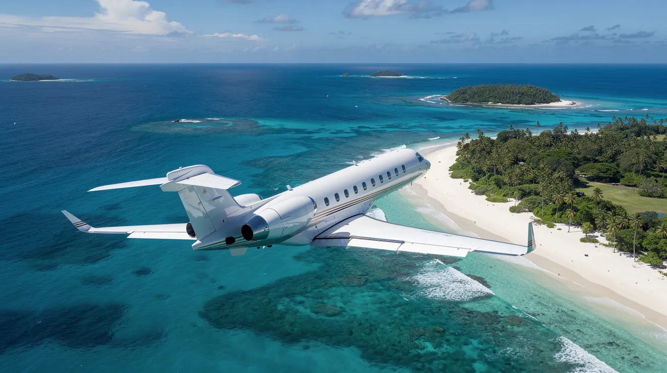 An aerial view captures a private jet soaring above a stunning turquoise ocean, surrounded by coastal islands. This scene showcases the beauty of private aviation, highlighting the luxurious experience of flying private.