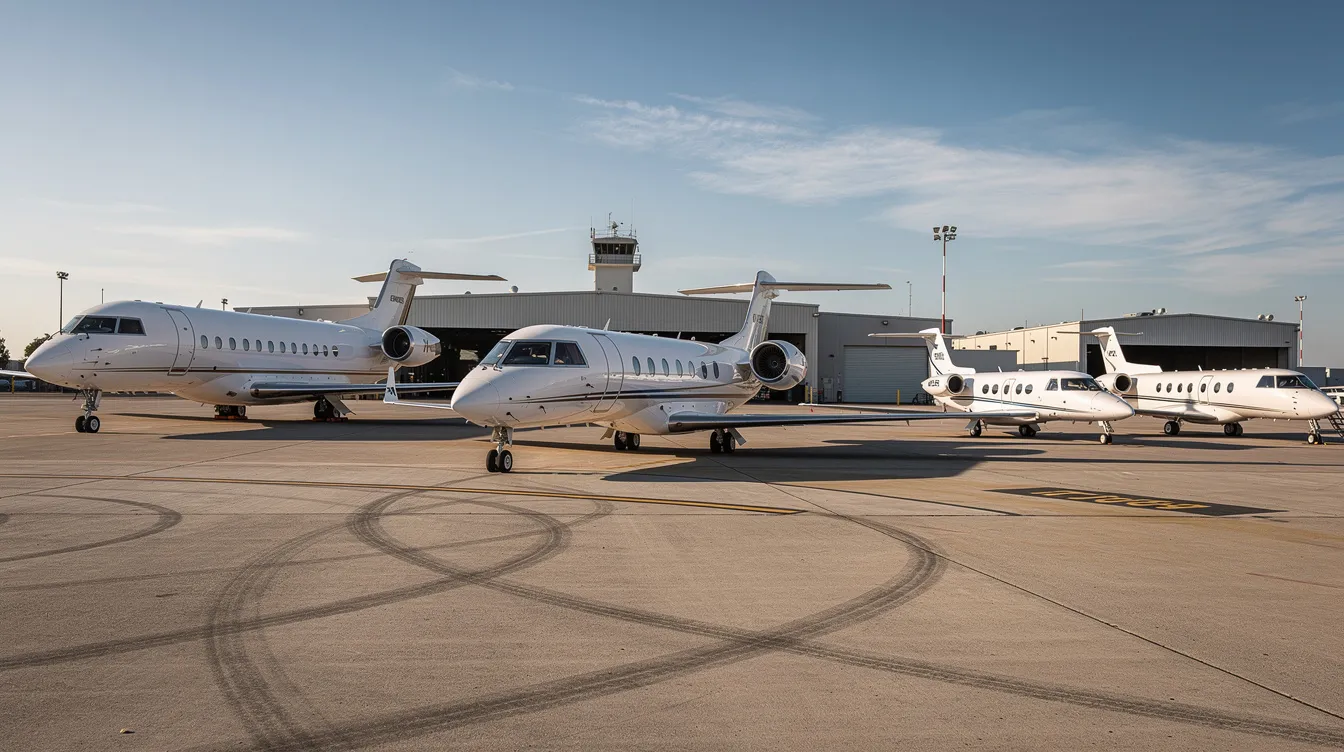 The image depicts multiple private aircraft of various sizes parked side by side on an airport ramp, showcasing a diverse fleet of private jets ready for charter flights. This scene highlights the luxury of private aviation, offering travelers options for efficient and personalized service in their private jet travel experiences.