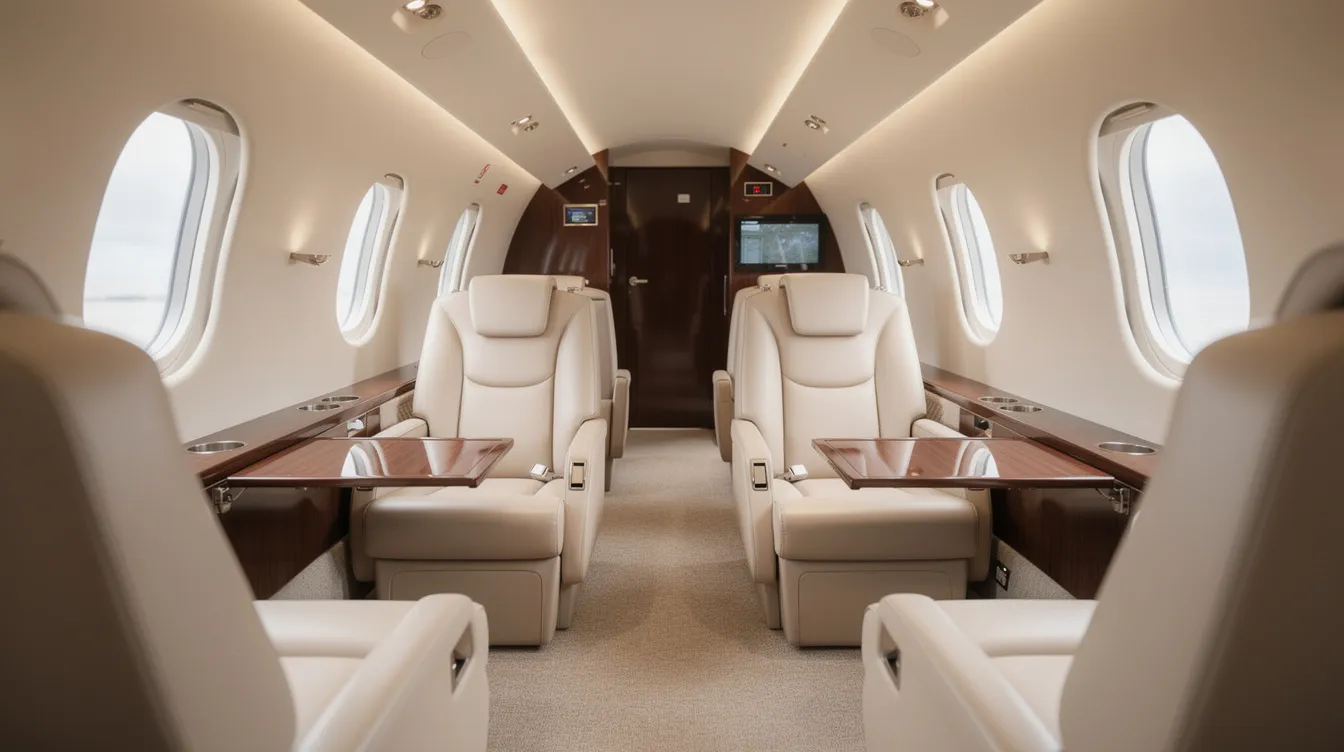 The image depicts the interior of an empty private jet cabin, showcasing cream leather seats and elegant wood trim, as viewed from the back looking forward. This luxurious space highlights the comfort and design features typical of private aviation, making it an ideal choice for business travelers seeking a premium flying experience.
