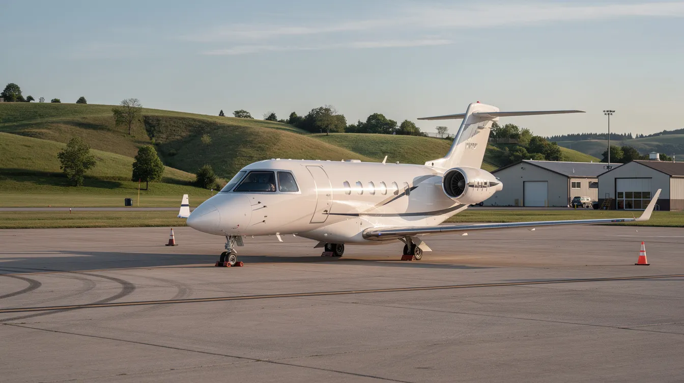 A small white light jet, resembling a Citation Mustang, is parked at a quiet regional airport, with lush green hills visible in the background. This scene highlights the appeal of private aviation for business travelers seeking affordable and efficient private flight options.