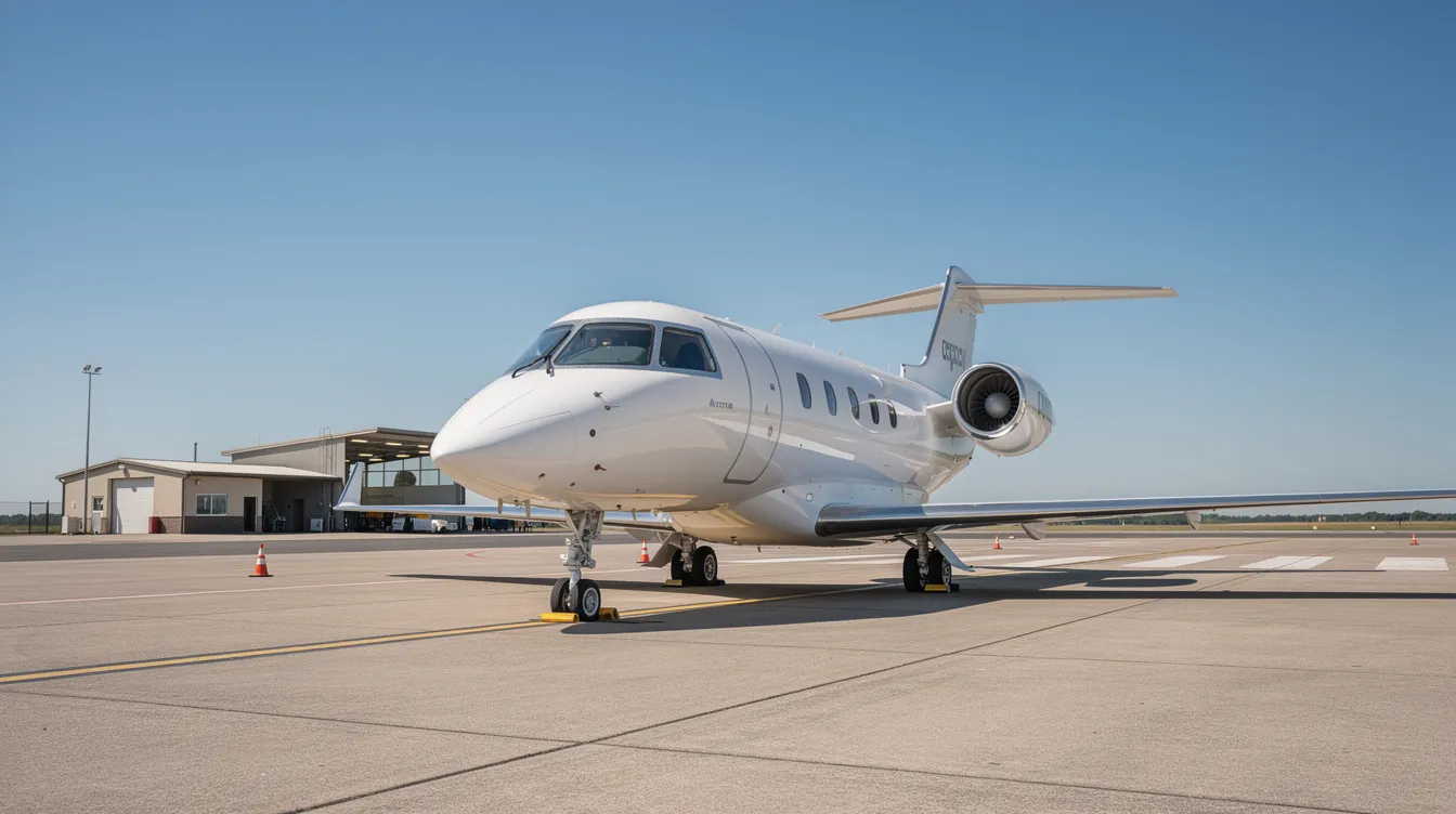 A sleek light private jet is parked on the tarmac of a small regional airport, basking in the sunlight on a clear day. This private aircraft represents an affordable option for business travelers seeking competitive prices and flexible travel routes.