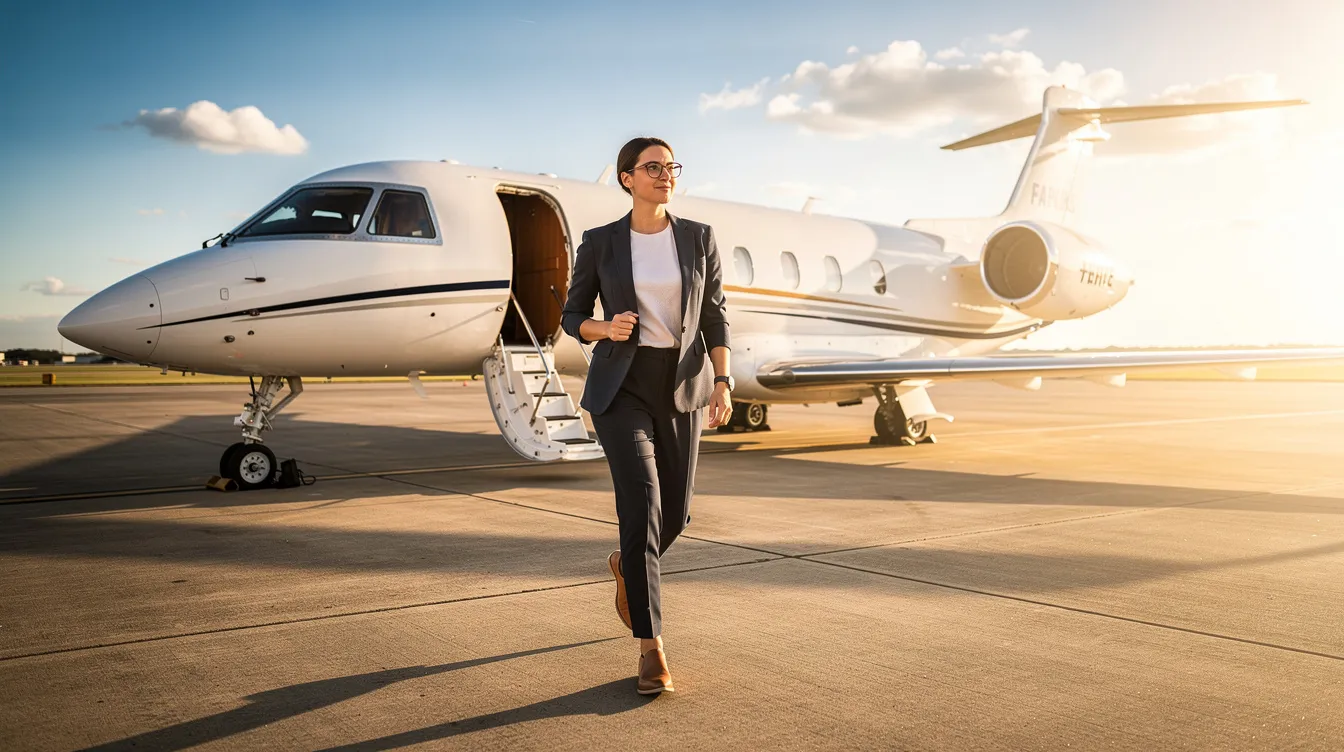 A confident individual in casual business attire walks towards a private jet on a sunny tarmac, symbolizing the luxury and efficiency of private aviation. This scene highlights the allure of flying private, where business travelers can access competitive prices and enjoy the convenience of regional airports.