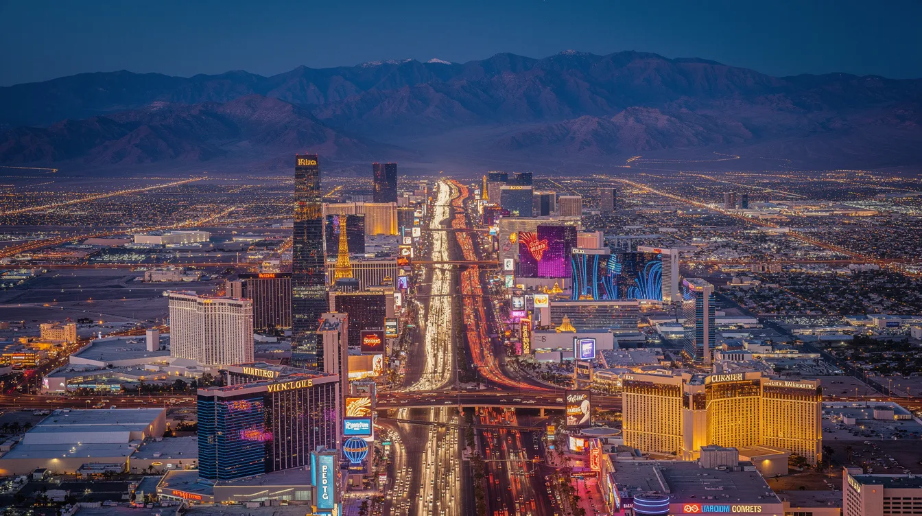 An aerial view of the Las Vegas Strip at dusk showcases the vibrant lights of the city against a backdrop of desert mountains, highlighting the allure of private aviation in this popular travel destination. The scene captures the essence of luxury and excitement, appealing to business travelers and frequent flyers seeking affordable options like empty leg flights or the cheapest private jet services.