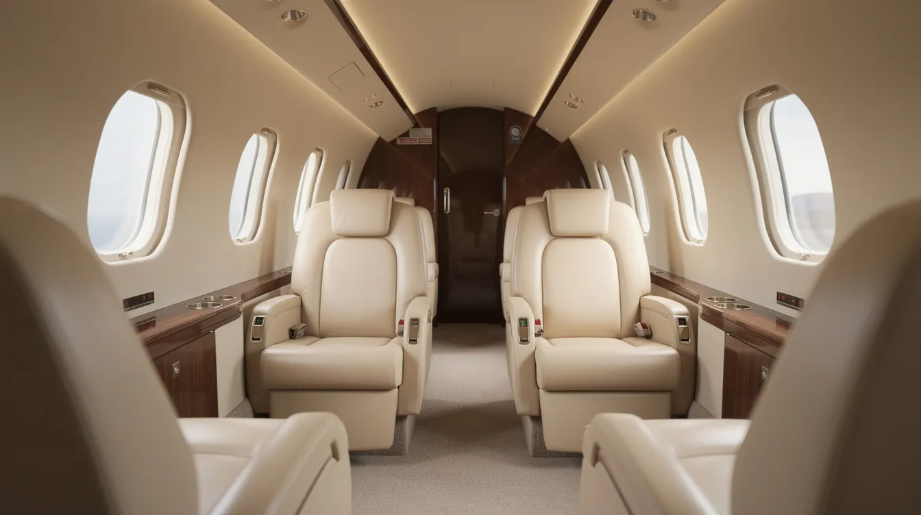 The image depicts the interior of a small private jet featuring cream leather seats and ample natural light streaming through oval windows, creating a luxurious and inviting atmosphere ideal for private jet charter flights. This elegant cabin design highlights the comfort and sophistication associated with private aviation.