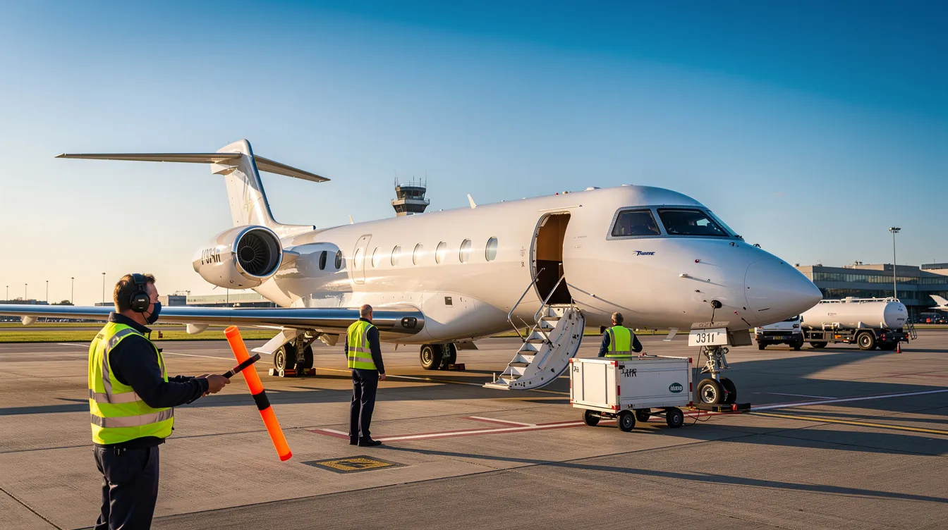 A private jet is parked on the airport tarmac, ready for departure, with ground crew members preparing the aircraft on a clear day. The scene highlights the efficiency of private aviation and the meticulous attention to detail involved in private jet charter flights.