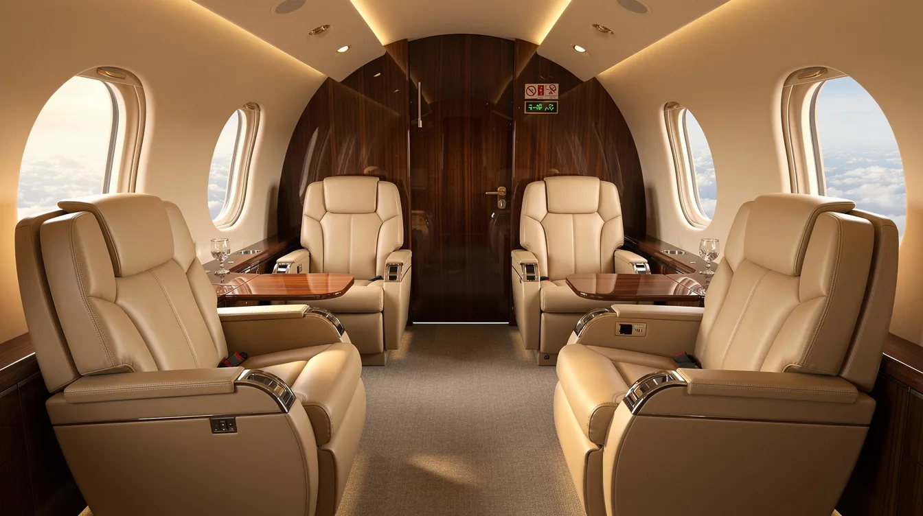 The image depicts the luxurious interior of a private jet cabin, featuring plush beige leather seats and elegant wood paneling, creating a sophisticated atmosphere for travelers. This spacious setting is ideal for private jet charter flights, allowing passengers to enjoy comfort and style while flying private.