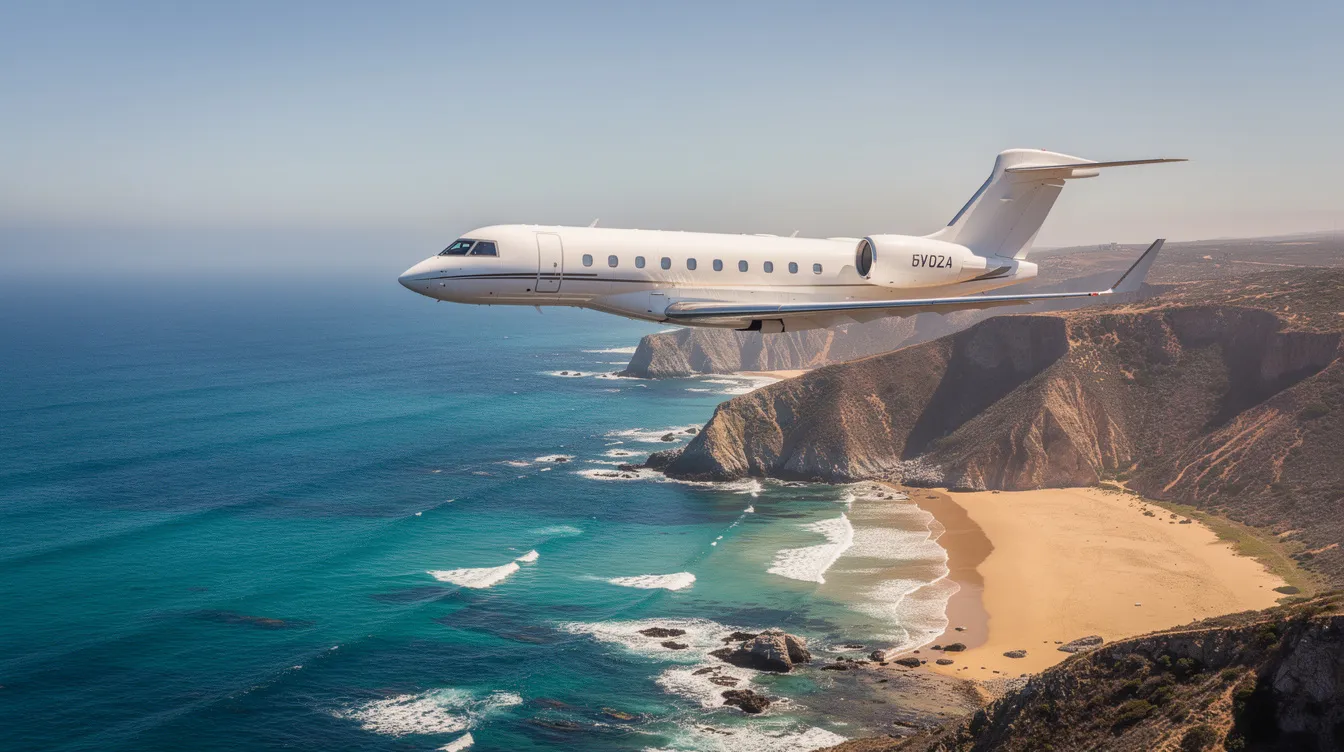 An aerial view captures a private jet soaring over a stunning coastline, with the vibrant blue ocean stretching below. This image highlights the luxury of private aviation, showcasing the freedom and beauty of flying in a private jet charter.