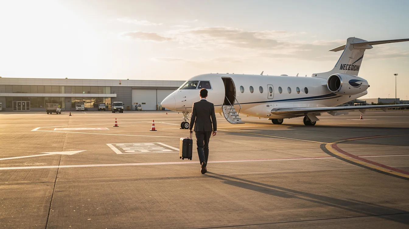 A person is walking across a private airport apron towards a waiting business jet, showcasing the convenience and luxury of private aviation. The scene highlights the accessibility of private jet charter flights, emphasizing the ease of travel for private jet owners.