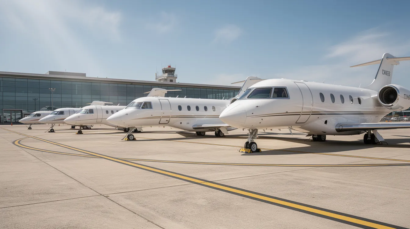 The image features multiple private jets of varying sizes lined up on a sunny airport ramp, showcasing a diverse fleet that represents the luxury and convenience of private aviation. This scene highlights the appeal of private jet travel for business executives and leisure travelers seeking personalized service and efficient charter flights.
